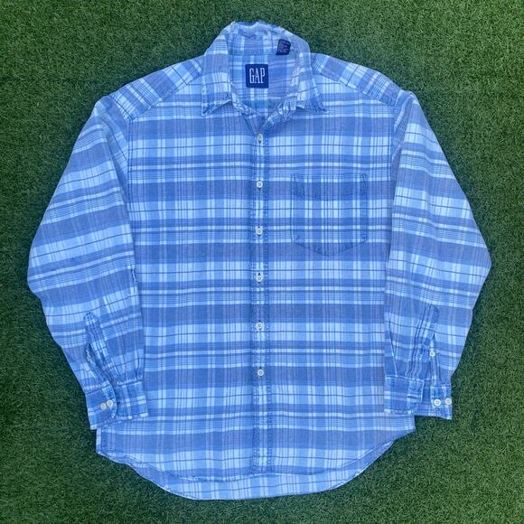GAP Men's 1990's Vintage Blue Plaid Button Up Shirt - Picture 1 of 5